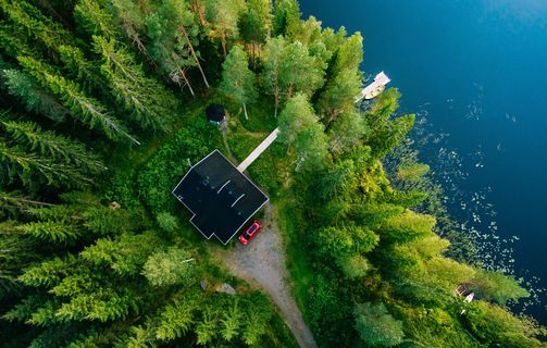 House in forest at lake